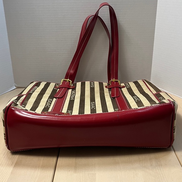 ISAAC MIZRAHI for TARGET Brown & Tan Striped Logo Tote w/ Faux Red Leather Trim - Picture 4 of 13